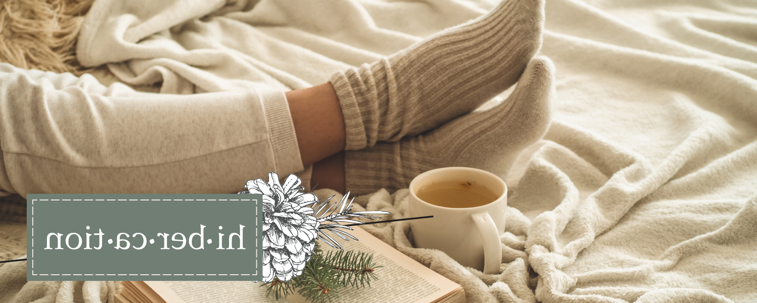 Hibercation photo of comfy slippers, book and warm drink in a mug